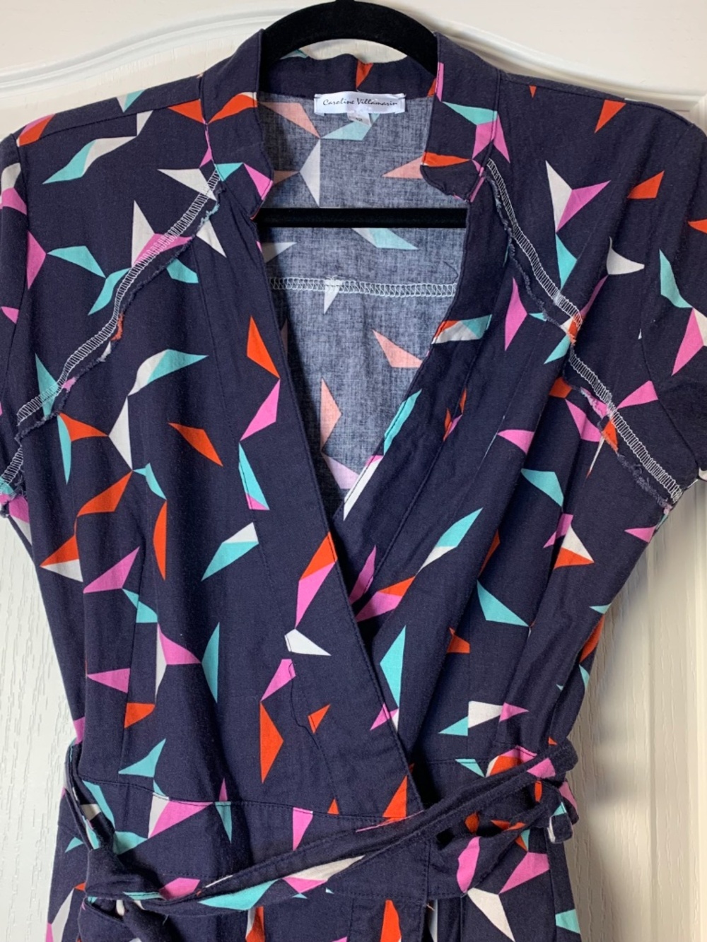 Caroline Villamarin Designer Geometric Wrap Dress Navy Retro Print Belted  12 - Picture 4 of 9